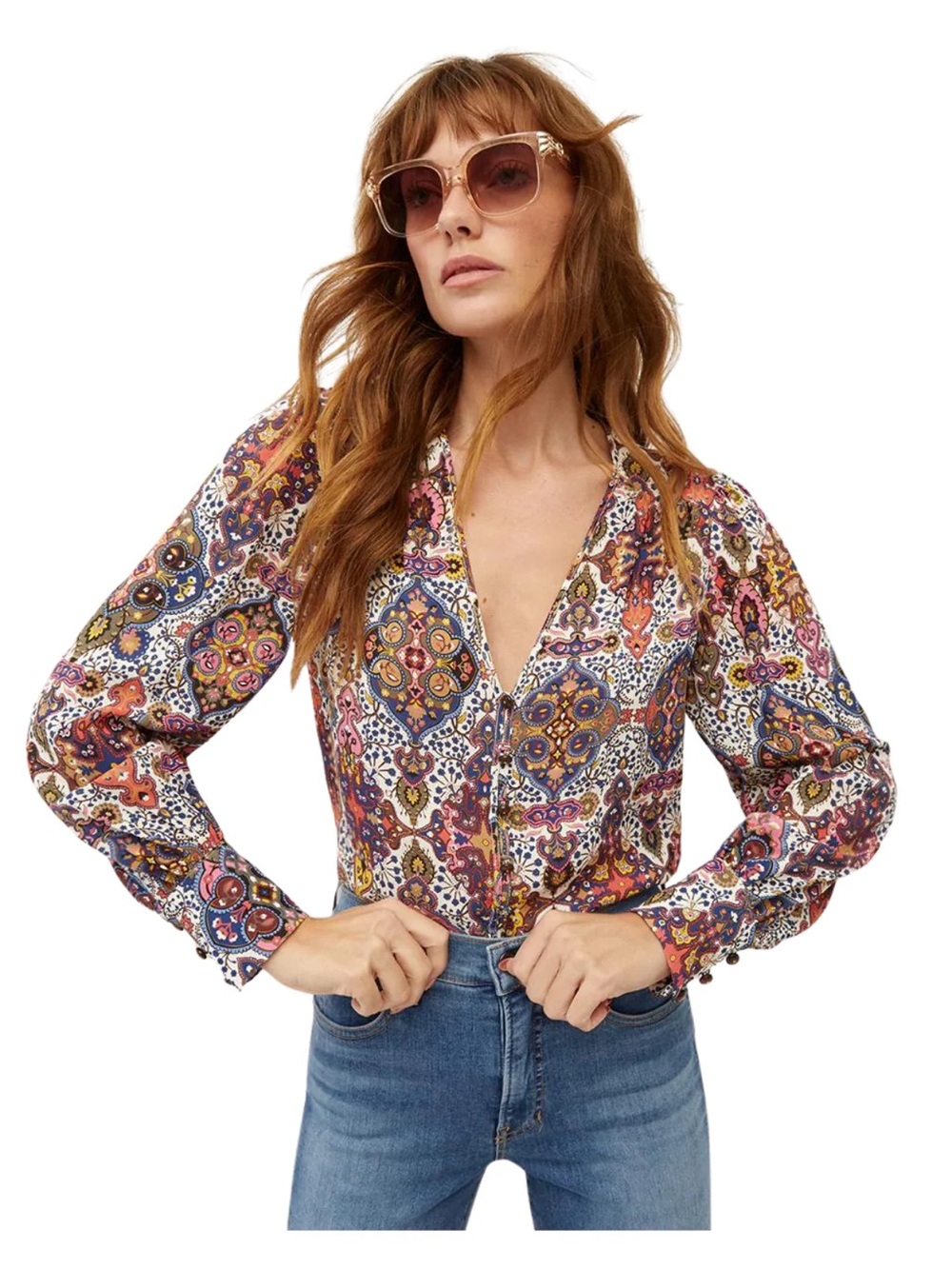 Veronica Beard Multi Paisley V-Neck Button-Front Blouse